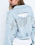 Rhinestone Fringe Distressed Denim Jacket