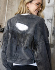 Rhinestone Fringe Distressed Denim Jacket