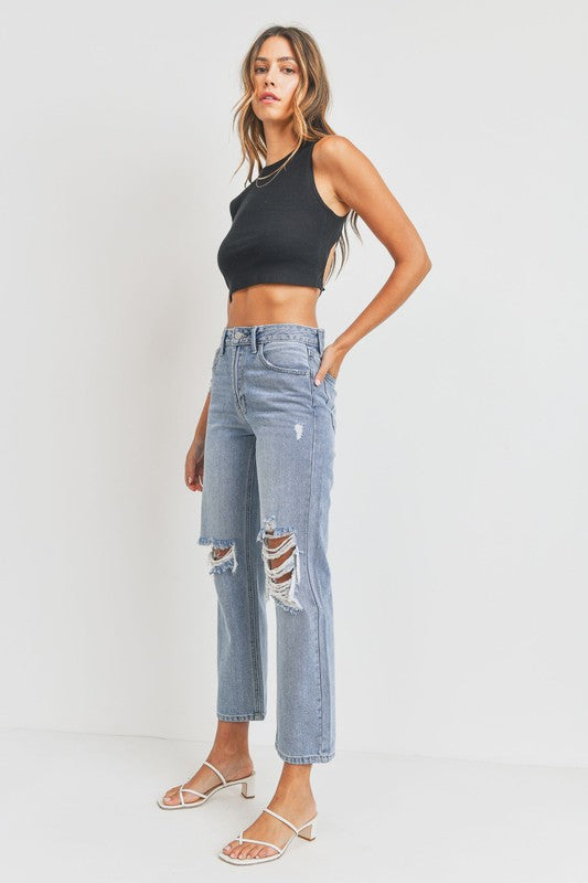 CROPPED DISTRESSED STRAIGHT JEANS